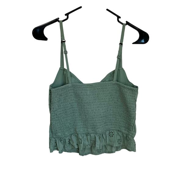Hollister Green Cotton Eyelet Crop Tank Top Size S Smocked Back Boho - Picture 2 of 5